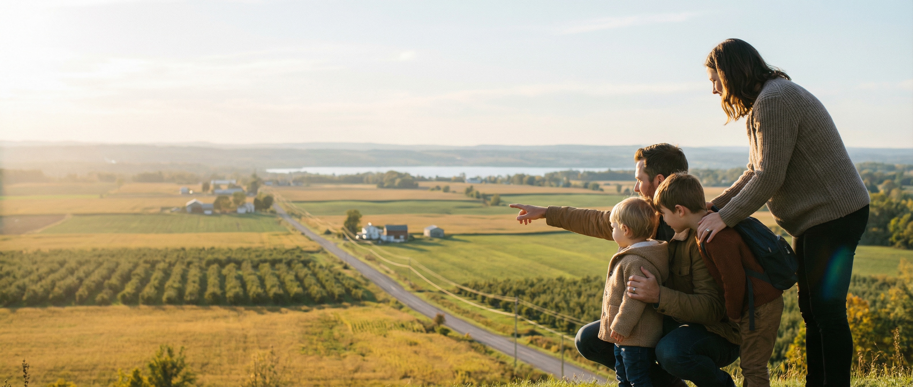 A family overlooking Niagara farmland and orchards at golden hour