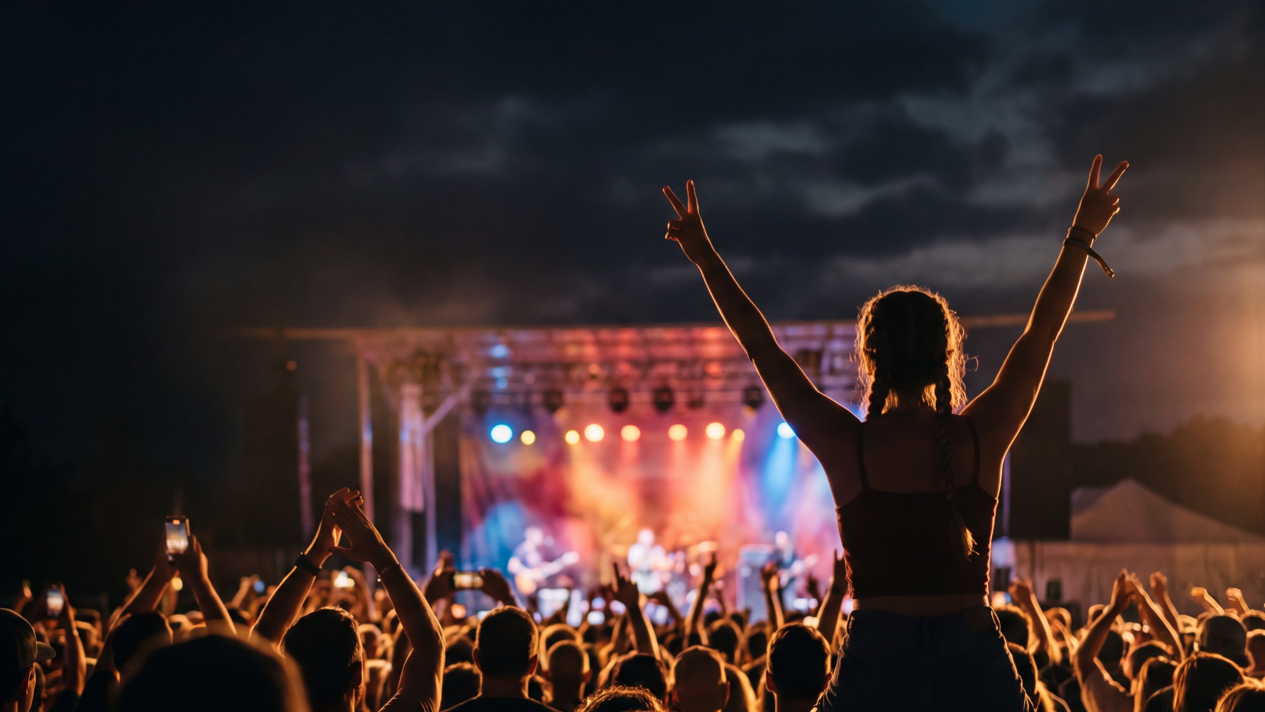 A joyful crowd at an outdoor community concert at night, one person lifted on shoulders with arms raised