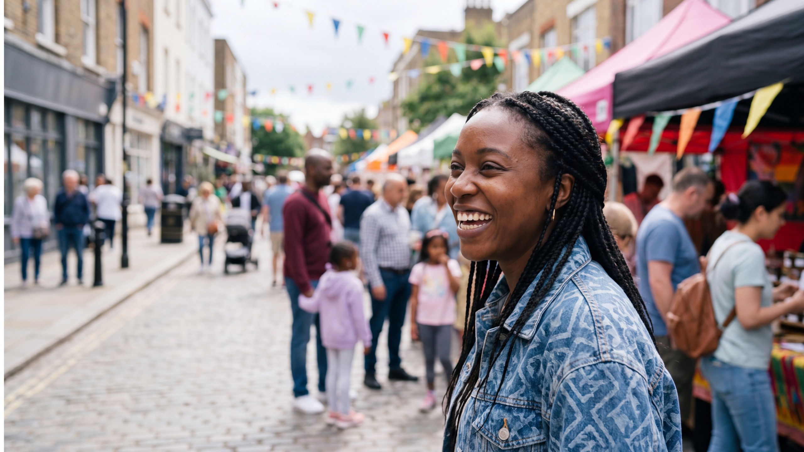 A woman laughing at a lively community street festival